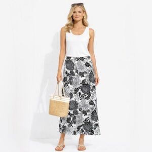 Hot Cotton Linen Maxi Skirt Black White Floral Print Double Side Slits Sz M💚